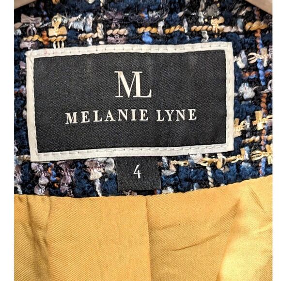 Melanie Lyne Multi-Colored Blue Tweed Open Front Blazer Jacket Frayed Trim Sz 4 - Picture 7 of 7